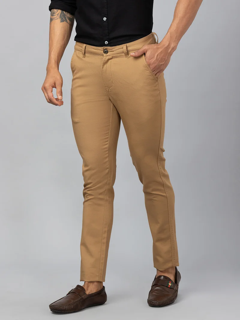 globus Globus Men Caramel Solid Cotton Casual Slim Fit Chinos